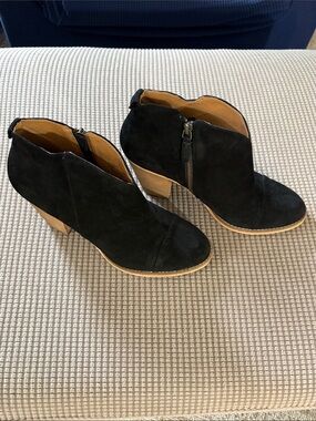 Susina Black Suede Ankle Booties with Wooden Block Heel